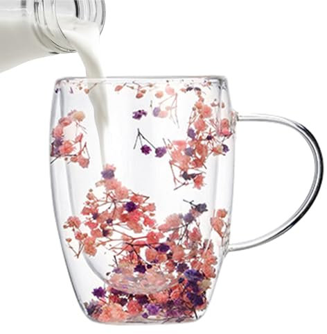 Imtrub Dry Flowers Double Wall Glass Cup, Dried Flower Insulated Double Wall Flower Tea Cups, Aesthetic Coffee Mugs Cute Tea Cups with Handles, for Women Friend Teacher Mum New Home Ideas