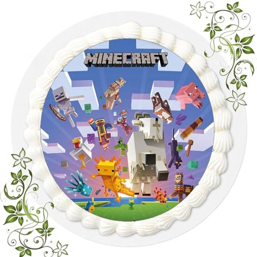 FONDANT MINECRÄFT Tortenbild, Essbares Foto für Torten, Tortenbild, Tortenaufleger Ø 20cm, 1 Stück, Grün, Braun, Grau, Feier, Feinkost Student