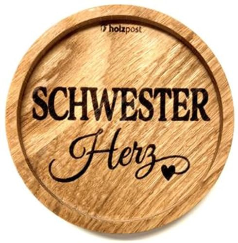 Holzpost - BD863 - Untersetzer aus Eiche - graviert und geölt - d=11,2cm, Schwester Herz, Innendurchmesser 10cm, Höhe 1,8cm