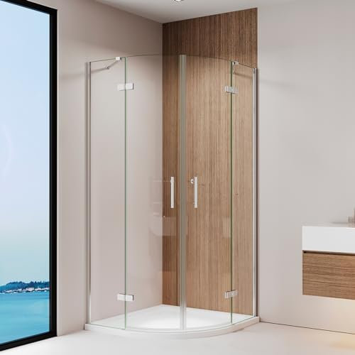 IMPTS Duschkabine 90x90cm Viertelkreis Duschabtrennung Rund Runddusche Duschtür Scharniertür aus 6mm ESG Nano Glas,Höhe 195cm Radius 55cm, Inkl Duschwanne & Ablauf
