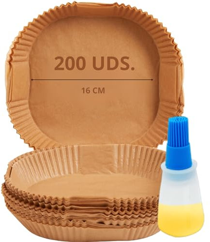 MyPicompany Papel para Freidora de Aire 200 Piezas 16 cm Dosificador Aceite, Aceitera Brocha Guantes Moldes Antiadherentes Cuadrados