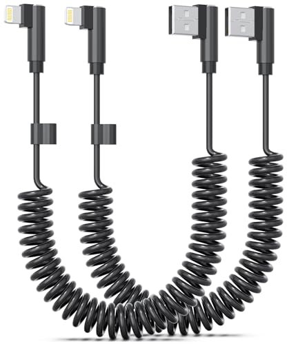 90 Degree Coiled Lightning Cable, 2 Pack, 3 FT, Right Angle Short iPhone Charger Cord [MFi Certified], USB A to Lightning Apple CarPlay Cable Compatible with iPhone 14/13/12/11 Pro Max XS XR X - Black