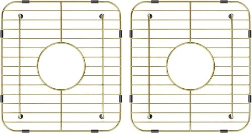 2 Pack of Gold Metal Kitchen Sink Racks,13L X 11.6W,Stainless Steel Sink Protectors with Centered Drain Hole, Universal Double Bowls Sink Bottom Grid with Strainers