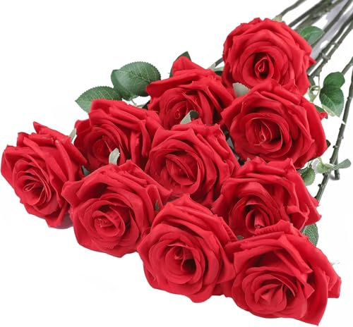12 PCS fiori artificiali di seta delle rose nere, singolo fiore realistico del bouquet di nozze della rosa finta del gambo lungo per la decorazione della torta del giardino di della festa (rosso)