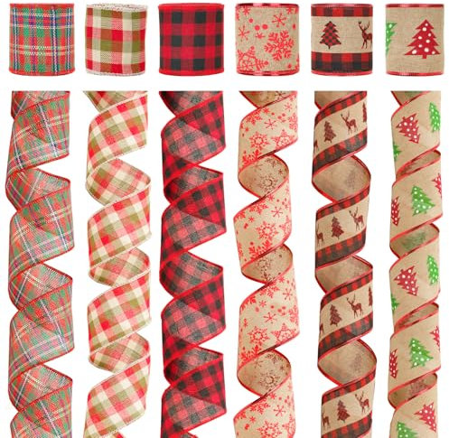 KINGLAKE 30 Yards Christmas Wired Ribbon for Wreath Bows Making, 2.5 Inch Burlap Tartan Ribbon Hessian Ribbon, Red Christmas Tree Ribbon Wide Snowflake Ribbon for Gift Wrapping Xmas Decorations