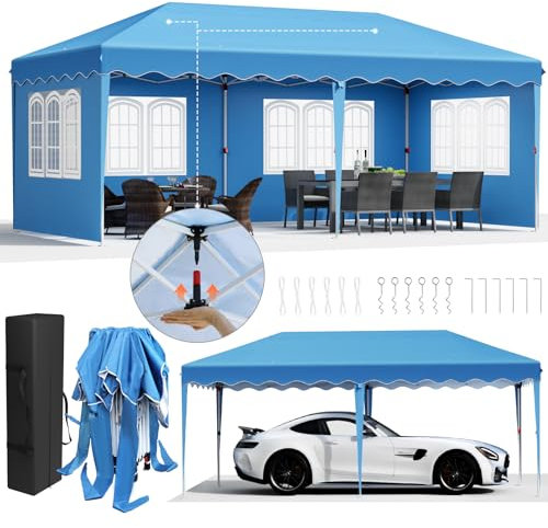 Pavillon 3x6,One Push Faltpavillon 3x6 Wasserdicht Stabil, Pop up Pavillon Winterfest, Gartenpavillon mit 4 Seitenteilen,Partyzelt,für Strand/Festival/Camping/Markt,Blau
