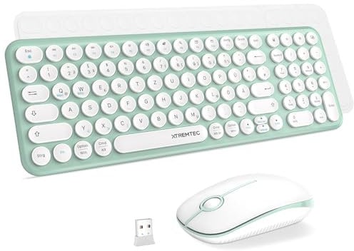 XTREMTEC kabellose Tastatur und Maus,Retro runde Schreibmaschine Tastatur,Slim Funktastatur leise Set,USB 2.4GHz Verbindung,kompakte Tastatur für Laptop,iMac,Windows,PC(Grün-weis)-Deutsche Tastatur