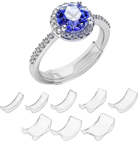 KOLZEMV Pack de 8 Tensores de Anillos, con 4 Tamaños Diferentes, Ajuste para Anillos Sueltos, ajustador de anillos invisible, Juego de Tensores en Espiral de Silicona Transparente con Paño de Pulido