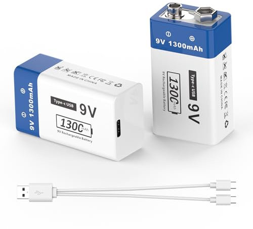Batterie ricaricabili da 1300 mAh, 9 V, ai polimeri, con cavo di ricarica di tipo C, per rilevatori di fumo, microfoni wireless e altro (4, 9 V, 1300 mAh)