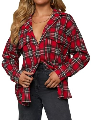LACOZY Women Buffalo Plaid Flannel Shirt Long Sleeve Collar Button Down Blouses Tops Red L