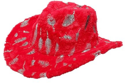 Harilla Schicker Cowboyhut mit Weihnachtsmotiv und Windband für Bühnenauftritte und Partys, Rote Feder