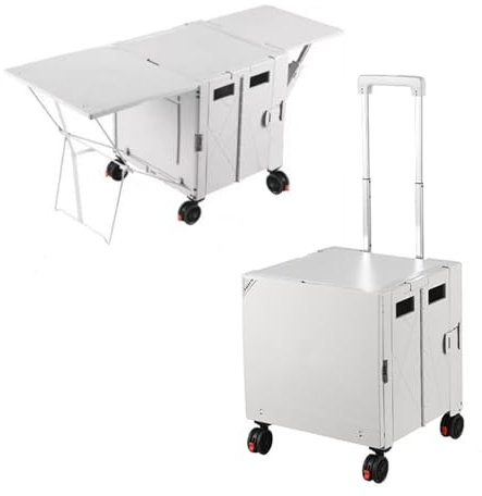 Einkaufstrolley 360°-Rollen tragbar Einkaufswagen Klappbar Einkaufskorb sackkarre, mit Einziehbare Magnetische Tisch-Schiebeabdeckung Klappboxen Transportwagen -Weiß
