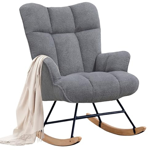 XH.Easy Go Rocking Chair Nursery Teddy Upholstered Glider Rocking Accent Chairs Padded Seat with Rubber Wood Legs Armchair Comfy Side Chair for Living Room Bedroom Offices (DarkGrey Teddy)