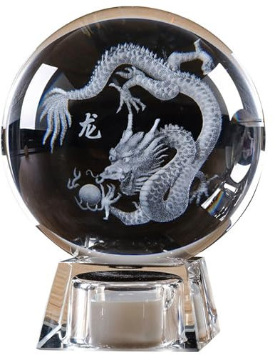SUPBEI Bola de Cristal del Dragón Chino Lámpara de Noche de Bola de Cristal con Soporte de Madera, Fengshui Glass Loong Ball Decoración del Hogar, Adornos de Escritorio Minimalistas,3.15in