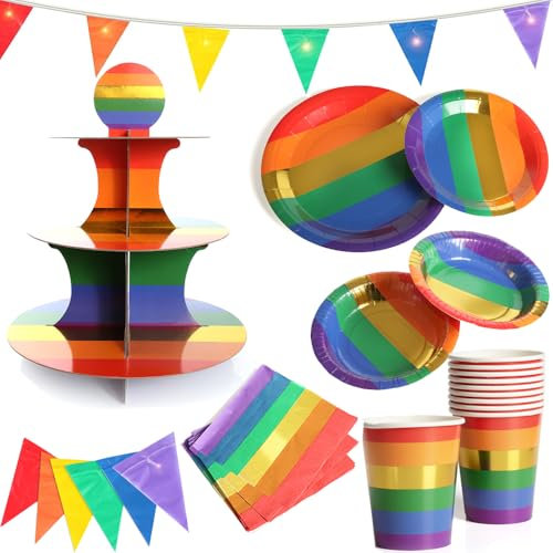 Rainbow Birthday Party Decoration Pack - 10 Cups, 9 Plates, 7.5 Plates, 7.5 Bowls, 20 Napkin, Light Up Bunting and Cake Stand - Perfect for Parties