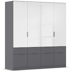 Rauch Möbel Aberdeen, Drehtürenschrank, Kleiderschrank, Garderobe, 4-türig, 8 Schubladen in Absetzung Grau metallic, Schwarz, Farbe Grau metallic/Hochglanz weiß, Griffe Grau metallic, 181x197x54cm
