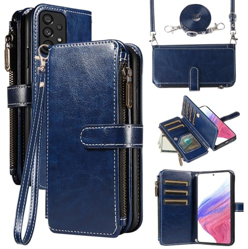Asuwish Custodia per Samsung Galaxy A53 5G, con nastro, pellicola protettiva per carte di credito, pieghevole, in pelle, con supporto A 53/5G 53 G5 S53 53A 4G, colore blu