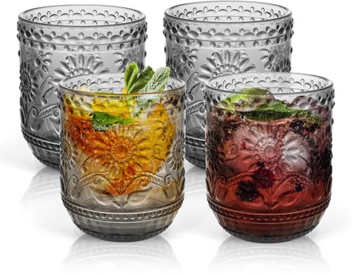 AstraLoom Drinking Glasses Set of 4, 360ml/12oz Glass Water Tumblers, Glassware Beverages Tumblers for Cocktail/Wine/Whisky/Beer/Juice, Heavy Duty Vintage Sunflower Embossed (Grey)