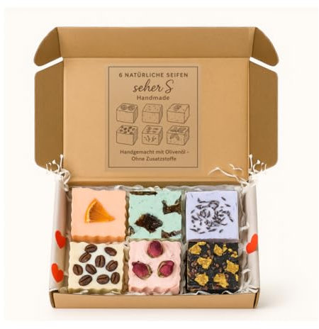 SeHER's Handmade Naturseifen Set – 6 Stück – Handgemacht mit Olivenöl – Vegane Seifen ohne Zusatzstoffe – Geschenkset für Damen & Herren – Gesicht & Körperpflege
