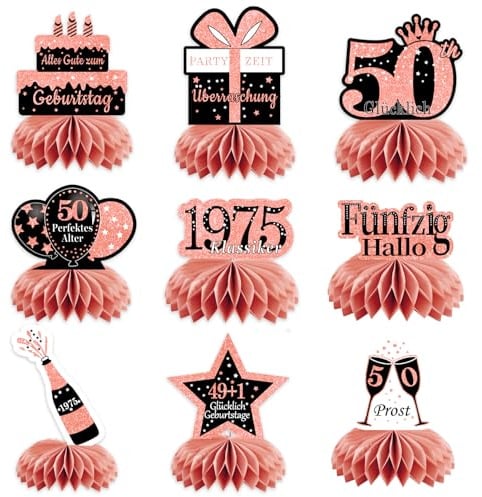 TaimeiMao 50. Geburtstag Tischdeko Rosegold,9 Stück Bienenwaben Deko Tischaufsätze Set,50 Geburtstag Deko für Frauen,Tischdekoration für 50. jährige 50. Geburtstag
