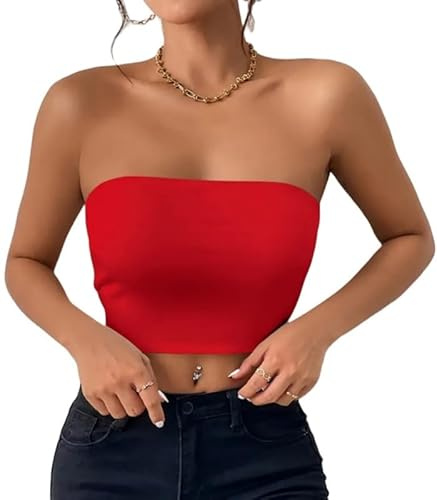 Sukiglam Bandeau Top Damen Basic Ärmellos Schulterfrei Tube Top Sommer Casual Slim Fit Stretchy Trägerloses Crop Tops Y2k Sexy Rückenfreies Shirt Doppelt Gefüttert Oberteile