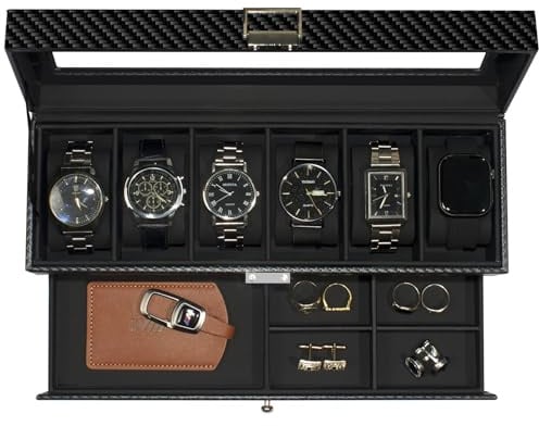 KILHS Uhrenbox mit 6 Fächern,Uhrenbox mit Glasdeckel,Uhrenaufbewahrung Box mit 1 Schublade zur Aufbewahrung von Schmuck, Ringen, Manschettenknöpfen usw.Schwarz-Schwarz