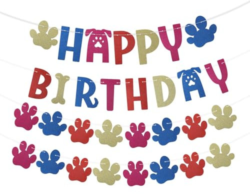 Happy Birthday Banner Hundepfote, Farbenfroh Personalisiertes Geburtstagsschild zum Aufhängen Vorgespannt Cartoon Motiv Wanddekoration für Babypartys Jungen Mädchen