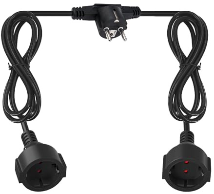 DewinLVD Doppelstecker für Steckdose, 2 Fach Verlängerungskabel 2M + 2M | Steckdosenadapter 2fach mit Flexiblem PVC Kabel H05VV-F 3G, Jeweils auf Beiden Seiten 250V 16A, Maximal 3680W, IP20, Schwarz