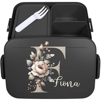 Mepal Bento Lunchbox Take a Break personalisiert, Brotdose mit Fächern Einsatz, Lunch Box mit Name, Bento Box Set Blumen Buchstabe Initiale Midi Schwarz