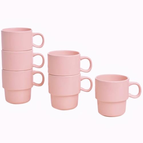 HOMD Coffee Cup Set 6-12oz Large Handle Ceramic Cup for Coffee, Soup, Tea, Milk, Latte, hot Cocoa, Ladies, Men-New Porcelain Mug Set. (Romantic Pink)