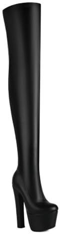 YhdtHSF Stivali da Donna Alti Fino alla Coscia in Pelle - Tacco Largo con Plateau, Cerniera Laterale, Design Aderente Nero per Stile da Festa e Discoteca,Nero,39 EU