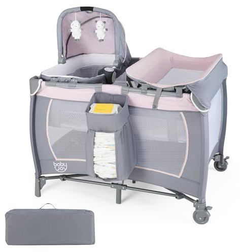 COSTWAY 5 in 1 Beistellbett Baby, Reisebett mit Matratze, Kinderreisebett inkl. Wickelauflage, Babywiege & Spieluhr, Stubenwagen mit Rollen, Babybett für Baby bis 36 Monaten (Rosa+Grau)