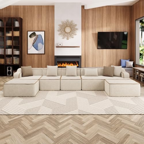 ALPHA HOME Ecksofa mit Schlaffunktion, U-Form 7 Sitzer Boneless Couch | Modulares Sofa mit 6 Zierkissen für das Wohnzimmer, Montagefrei, Cord, Beige
