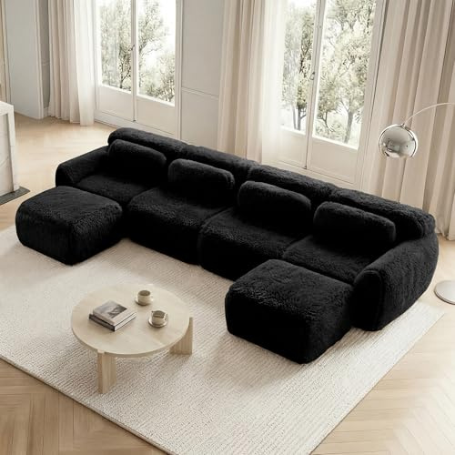 OPODEE Modulares Sofa U-Form Wohnlandschaft Schwarz: XXL Cloud Kompressions Couch Plüsch mit Kissen, Bodensofa ohne Montage,Weich, Vielseitiges Ecksofa für Wohnzimmer & Lounge