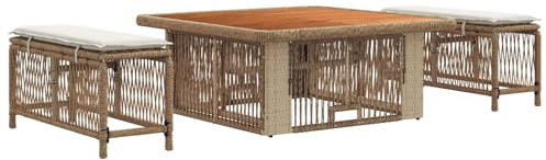 vidaXL Garten Essgruppe mit Kissen 3 pcs Beige und Creme Poly-Rattan, Garten Essgruppe, rustikal, wetterfest, höhenverstellbarer Tisch für Outdoor-Treffen, modernes Freizeitmöbel