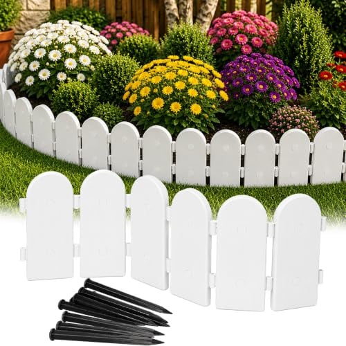GARDENIX Recinzione da giardino effetto legno, 2,4 m, colore bianco, in plastica, bordo flessibile per prato da innesto, 12 ancoraggi a terra, bordo per aiuola in legno, recinzione da giardino per
