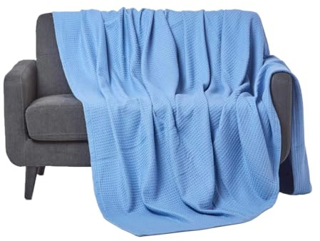 HOMESCAPES - 100% Organic Cotton Waffle Blanket - Blue - Double Bed Size 228 x 228 cm - Super Soft Combed Cotton Blanket Throw