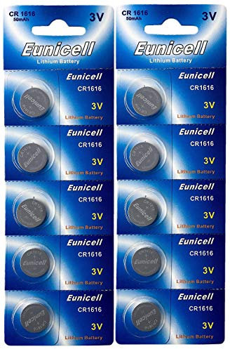 10 x CR1616 3V Lithium Knopfzelle 50 mAh (2 Blistercards a 5 Batterien) EINWEG Markenware Eunicell
