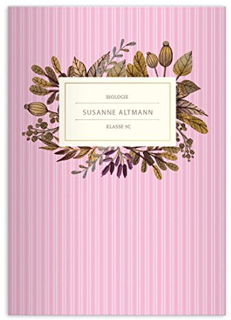 1 personalisiertes, Herbstliches Vintage DIN A4 Schulheft, Schreibhefte mit Blättern und Kräutern auf Streifen in rosa Lineatur 20 (blanko Heft)