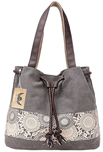PB-SOAR Damen Vintage Canvas Shopper Schultertasche Beuteltasche Handtasche mit Kordelzug 30x29x12cm (B x H x T) (Grau)