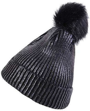 ACVIP warme Metallic Glitzer Strick Bommelmütze mit Kunstfell Bommel Winter Beanie Mütze(Schwarz)