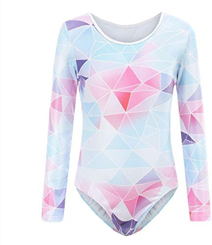 Happy Cherry Mädchen Ballettkleidung Gymnastik Tanzanzug Glänzend Weich Elastisch Trikot Ganzkörper Yoga Ballettanzug Steigung (Geometrie Langarm, 7-8 Jahre)