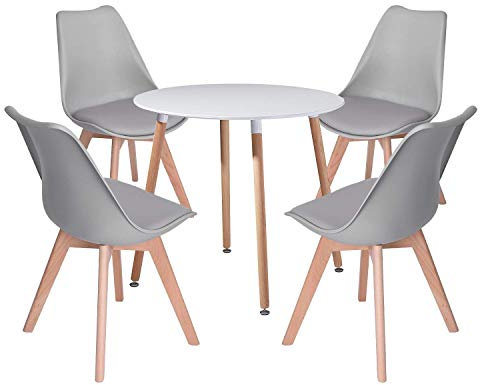 DORAFAIR Set aus Runder Küchentisch und 4 Skandinavischen Stühlen, für Küche Esszimmer Büro, Grau Stuhl