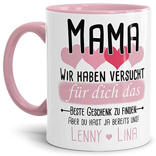 Tassendruck Geschenk Tasse mit Spruch PERSONALISIERT - Bestes Geschenk für Mama von Kindern - Kaffee-Tasse/Geschenkidee Geburtstag Muttertag/Muttertagsgeschenk - Innen & Henkel Rosa