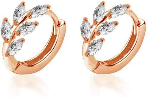 CZ Leaf Cartilage Huggie Small Hoop Earrings for Women Girls 925 Sterling Silver Cubic Zirconia Cluster Leaves Round Studs Tragus Pierced Ear Endless Hoops 8mm (Rose Gold)