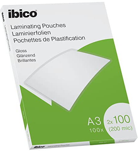 Ibico Laminierfolien A3 200 Mikron (2 x 100 mic), 100 Stück, Glänzende Heißlaminierfolien, Abgerundete Ecken, Ideal für Zeichnungen und Plakate, Transparent, Kristallklar, 627320