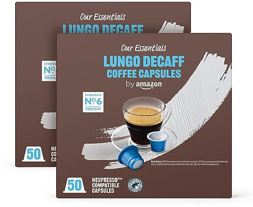 by Amazon Capsules de Café en Plastique Décaféinées Compatibles Nespresso Lungo, Torréfaction Moyenne, 100 Unités (2 Paquets de 50) – Certifiées Rainforest Alliance