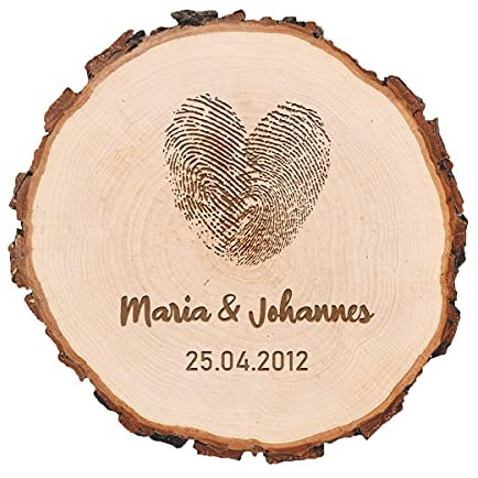Holzscheibe Dekoration Hochzeit - 16-19 cm - Mit Rinde - Tischdekoration Name und Datum - unbehandeltes Holz - Geschenk für Hochzeit - Motiv Fingerabdruck