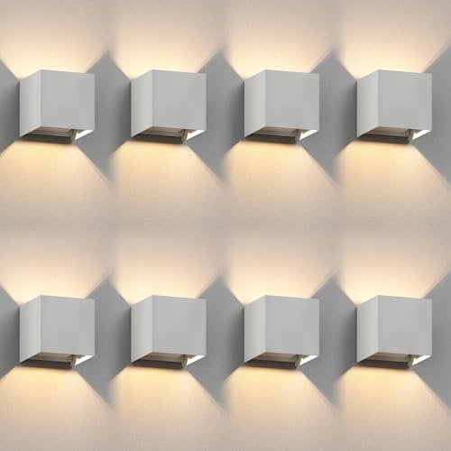 ledscom.de 8 Stück Wandleuchte CUBEL für außen, weiß, IP65, Up & Downlight, quadratisch + LED Lampe 501lm, warmweiß