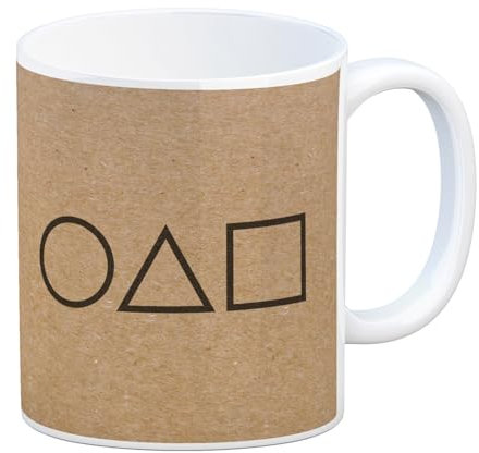 speecheese Kaffeebecher mit Serienmotiv Tintenfisch Kreis Dreieck Viereck Südkorea ein tolles Geschenk für einen Fan oder für Serienjunkies rotes Licht grünes Licht Spiel Visitenkarte